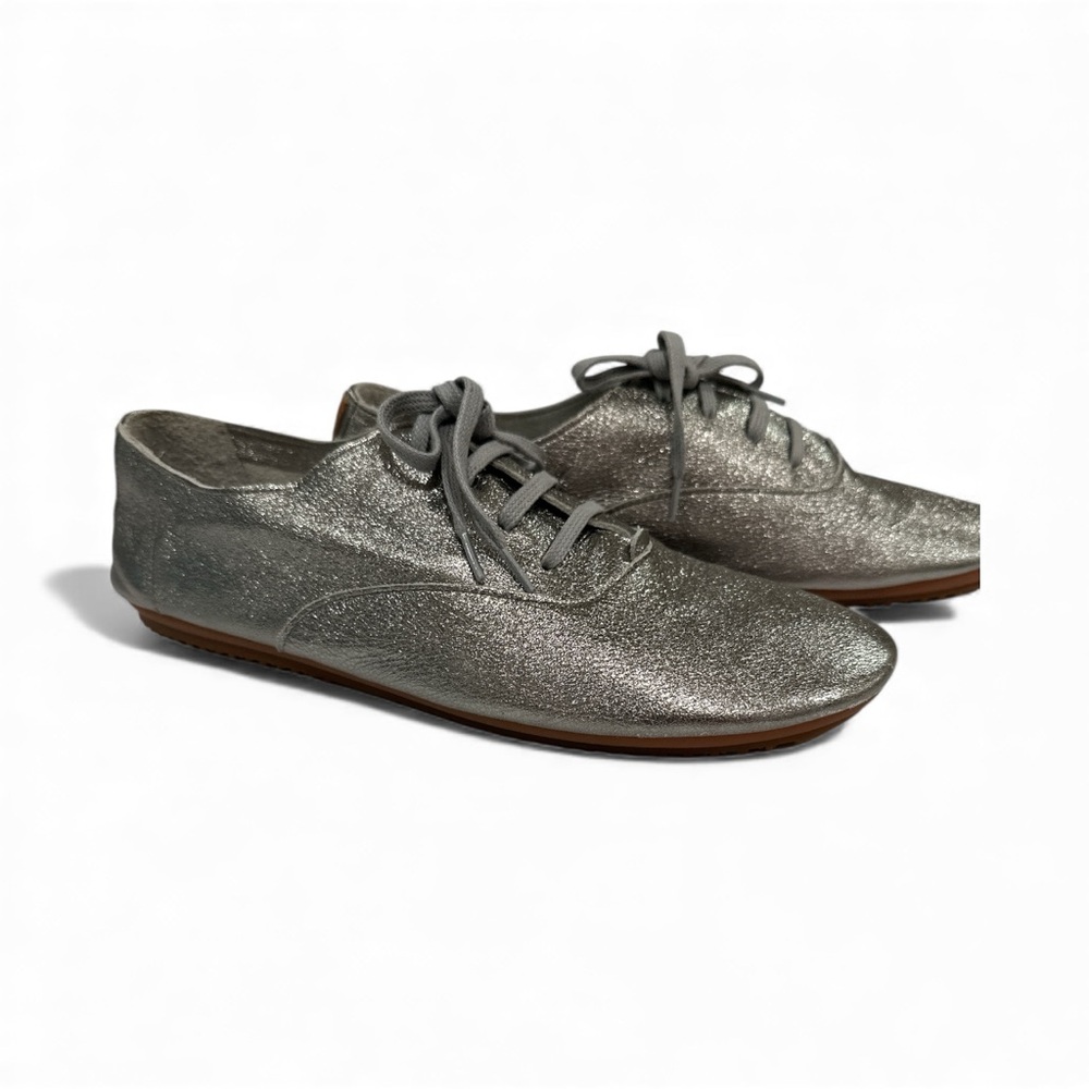anothersole Paris Lace Up Flats Silver Size 41 EUC Casual Glam - Picture 2 of 9